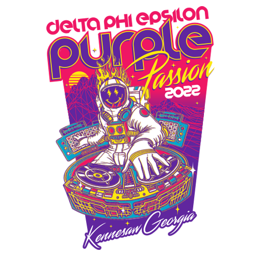 Colorful apparel design for Delta Phi Epsilon's Purple Passion 2022 in Kennesaw, Georgia, featuring a DJ with a flaming face, a circular emoji face, and a vibrant cityscape background.