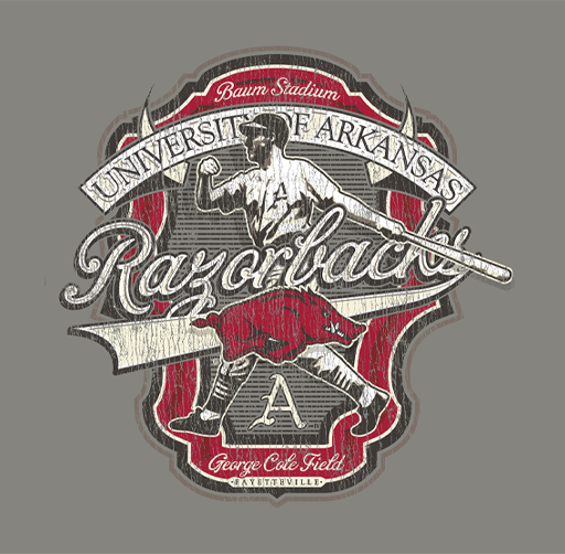 Apparel design featuring a baseball player in a throwing stance, with a red football beneath, and text referencing the University of Arkansas Razorbacks, Baum Stadium, and George Cole Freda in Fayetteville.
