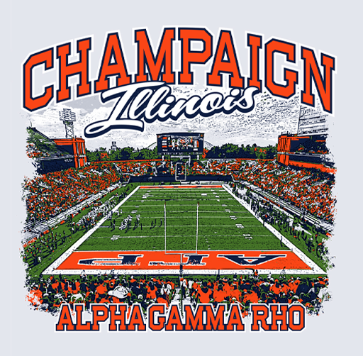 Illustration of a football stadium filled with fans, with the words "Champain Illinois" at the top and "Alpha Gamma Rho" at the bottom.