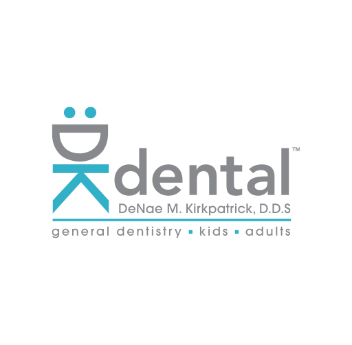 Logo for Dental, a dental practice by DeNae M. Kirkpatrick, D.D.S., featuring a stylized tooth character with eyes, a smiling mouth, and a bowtie, with text indicating services for general dentistry, kids, and adults.