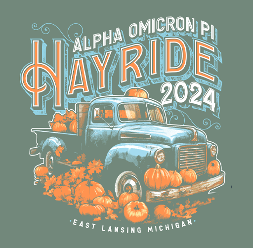 Illustration of a vintage blue truck surrounded by pumpkins, with text reading "Alpha Omicron Pi Hayride 2024 East Lansing Michigan" on a green background.