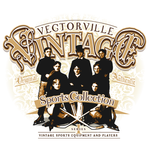Vintage sports equipment and players in black clothing with pistols, with text promoting Vectorville Vintage Sports Collection, Series, Original, Authentic.