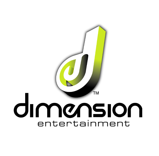 Dimension Entertainment logo with a stylized letter D in black and green. Lower case E in the knockout of the D.