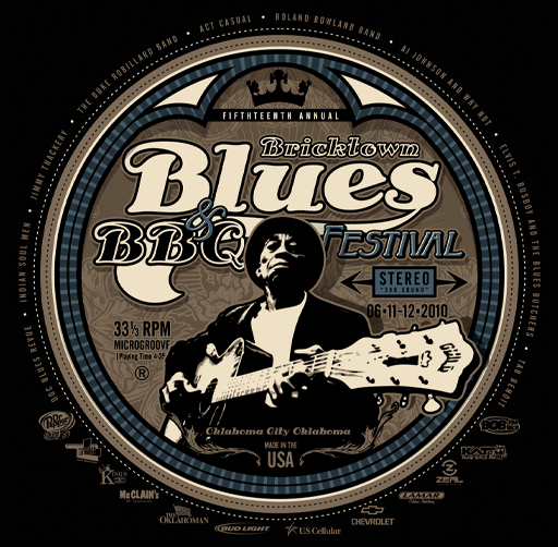 Design for the Fifteenth Annual Bricktown Blues BBQ Festival, held November 6-12, 2010, featuring a black musician with a guitar, event details, and multiple sponsor logos.