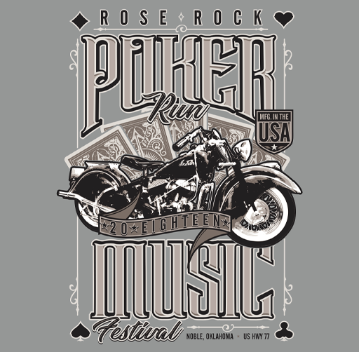 Apparel design for the Rose Rock Poker Run Music Festival with a black motorcycle, playing cards, and decorative text and graphics.