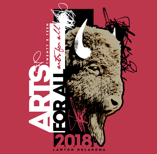 Event apparel Merch for Arkansas football 2018, featuring a bull's head with a white horn, surrounded by scribbles, with text indicating 'Arkansas Football 2018' and location Lawton, Oklahoma.