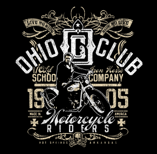 Apparel design with a man riding a motorcycle, surrounded by text and decorative elements related to a motorcycle club, including 'Ohio Club', 'Motorcycle Riders', and references to Hot Springs, Arkansas. Restaurant and Bar.