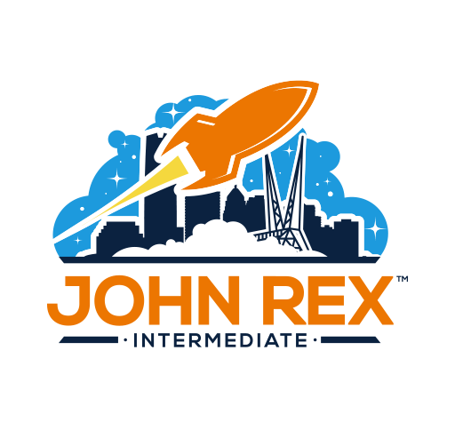 A graphic logo featuring a rocket launching over a cityscape with buildings and a bridge, with stars in the background. Beneath, it says "JOHN REX INTERMEDIATE".