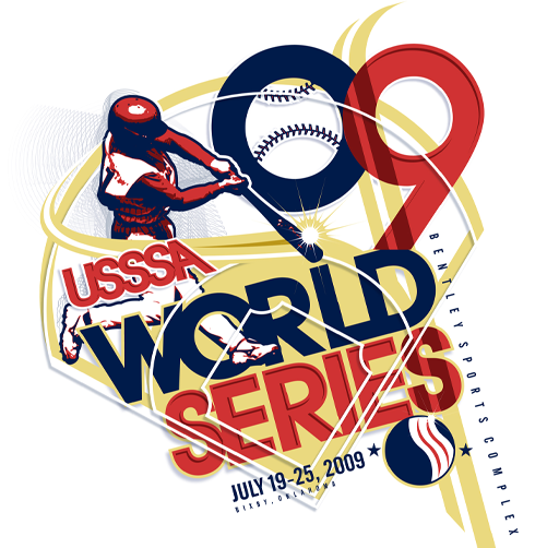 Apparel design for the 2009 USSSA World Series baseball tournament, featuring a baseball player swinging a bat, a baseball, a large red number 9, and text with event details from July 19-25, 2009.
