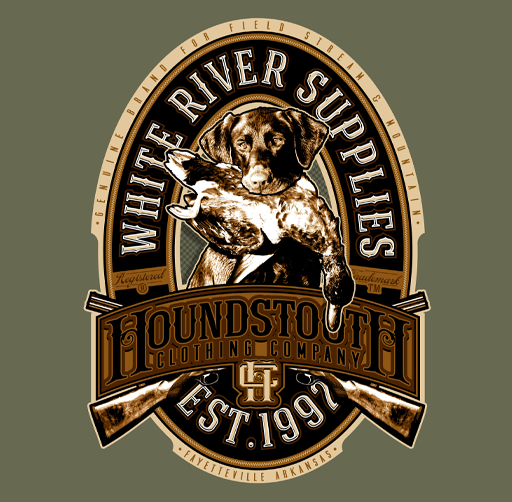 Apparel design for Houndstooth Clothing Co., for White River Supplies and Houndstooth Clothing Company, featuring a hunting dog holding a duck, with rifles and banners, established in 1997, located in Fayetteville, Arkansas.