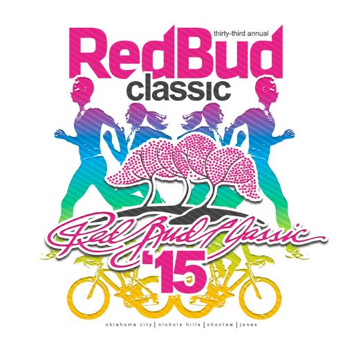 Event logo for the 33rd annual RedBud Classic featuring silhouetted runners, stylized pink trees, a bicycle, and event details.