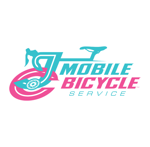 Logo for Mobile Bicycle Service featuring a pink wheel, a stylized blue bicycle, and the text 'Mobile Bicycle Service' in pink and blue.