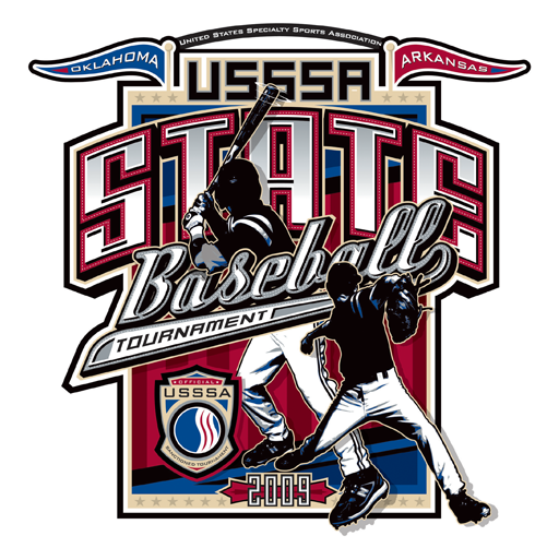 Apparel design for the 2019 USSSA State Baseball Tournament, featuring two baseball players in action, with Arkansas and Oklahoma banners at the top.
