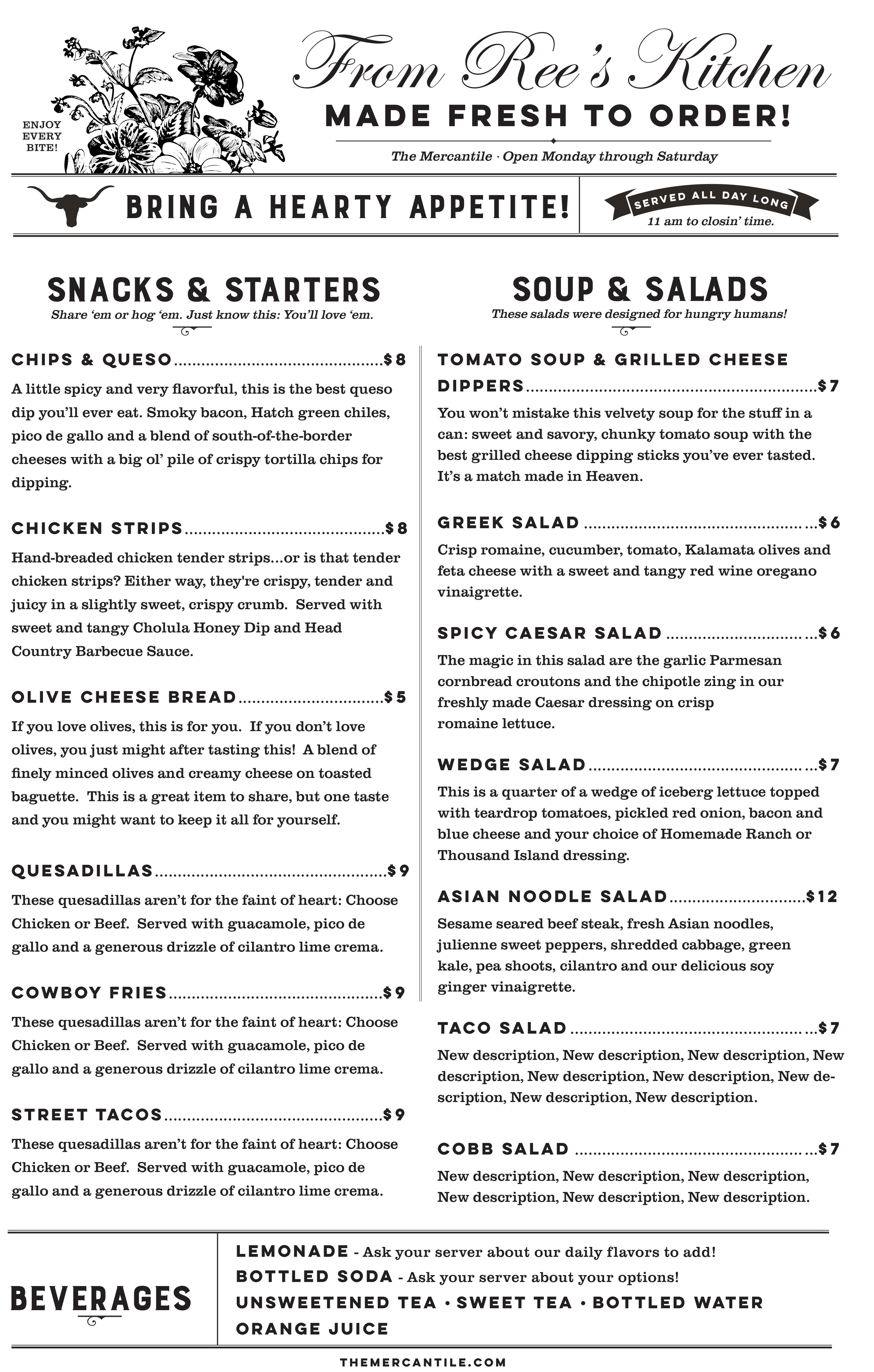 The Pioneer Woman Restaurant menu titled 'From Ree's Kitchen,' featuring sections for snacks, starters, soups, salads, beverages, and more, with options like chips and queso, chicken strips, quesadillas, and various salads.