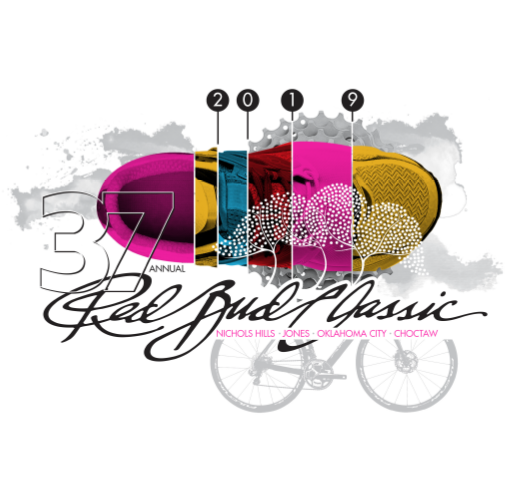 Event design featuring colorful bicycle tires, abstract trees, and a faint bicycle illustration, promoting the 37th RedBud Classic cycling event in Nichols Hills, Jones, Oklahoma City, and Choctaw.