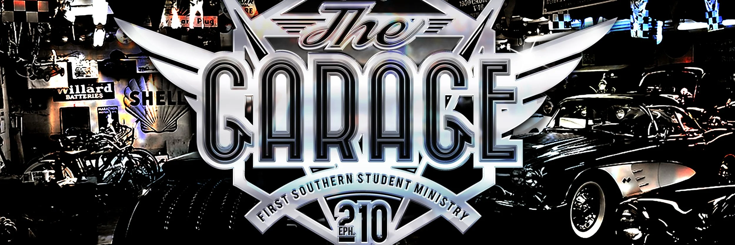 Logo for the first southern student ministry titled 'The  Garage' with a large number 20 and 'EPH.' underneath, surrounded by vintage cars and automotive signs in a garage setting.