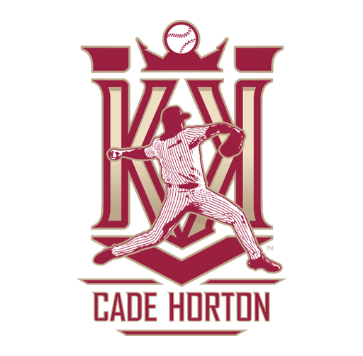 Logo featuring a baseball player in a pitching pose with a baseball above and a large letter M behind, with the name Cade Horton below.