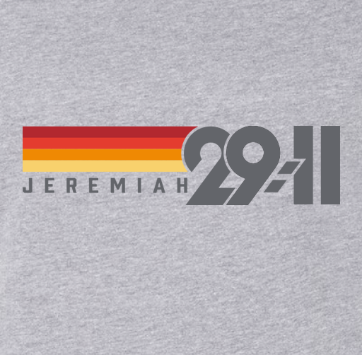 Apparel design featuring the name 'Jeremiah' and the Bible verse reference '29:11' with a color stripe in red, orange, and yellow.
