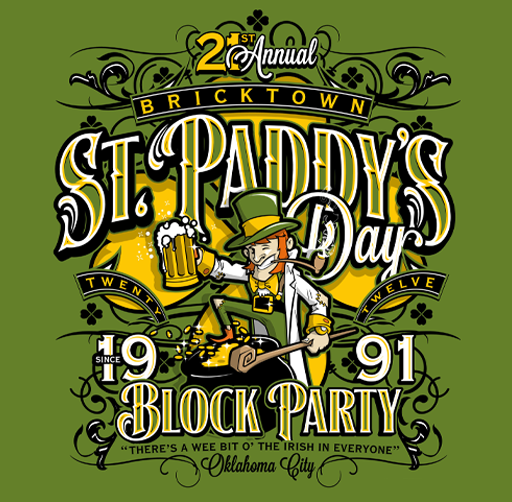 Green poster for the St. Paddy's Day Block Party in Bricktown, Oklahoma City, celebrating the 20th annual event since 1991, featuring a leprechaun holding a beer mug and a shamrock.