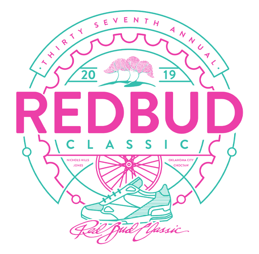 Logo for the 33rd Redbud Classic, a 2019 event in Nichols Hills, Oklahoma City, and Choctaw, featuring a pink tree, a picnic table, a bicycle wheel, and running shoes.