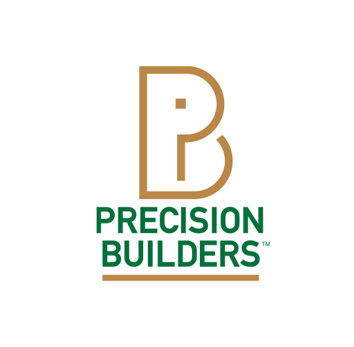 Logo for Precision Builders featuring a stylized letter 'P' in brown above the company name in green.