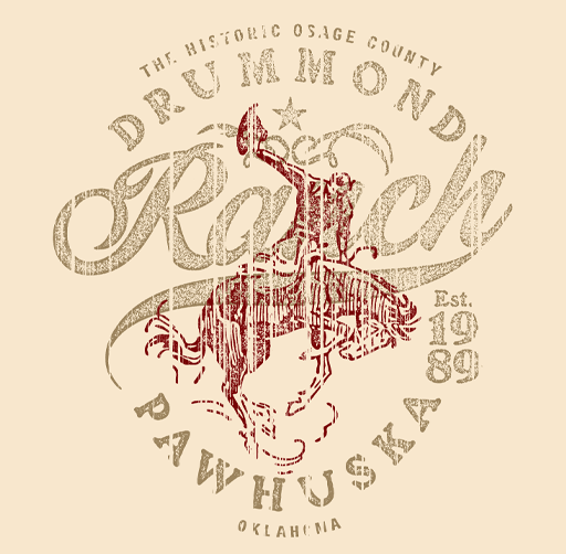 Apparel design for Pioneer Woman of vintage-style graphic with the text "The Historic Osage County Drummonde Ranch" and an illustration of a bucking horse, with "Est. 1989" and "Oklahoma" also included.