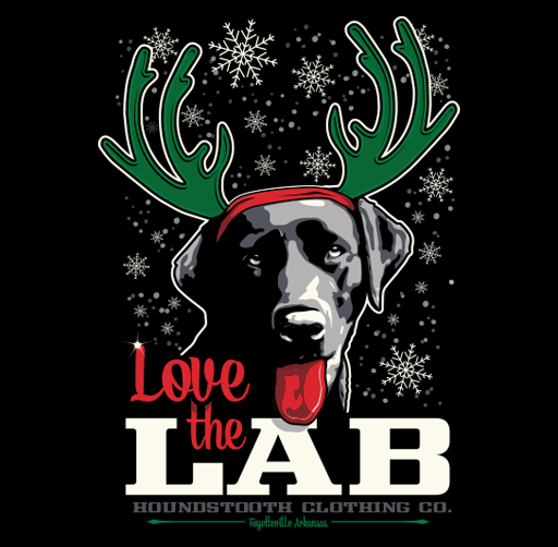 Apparel design for Houndstooth Clothing Co. of a dog wearing antlers with snowflakes around, with the text 'Love the Lab' and 'Houndstooth Clothing Co.'