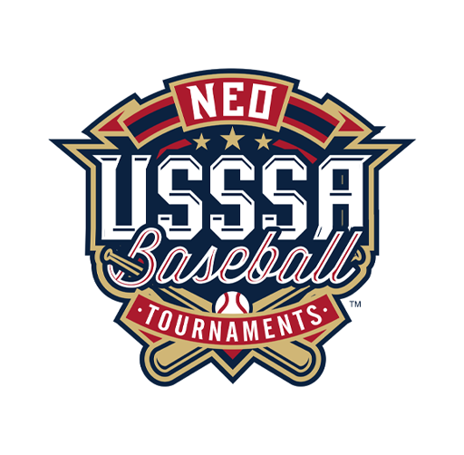 Logo for NE0 USSSA Baseball Tournaments featuring a shield design with baseball bats, a baseball, and stars, in red, white, blue, and gold colors.