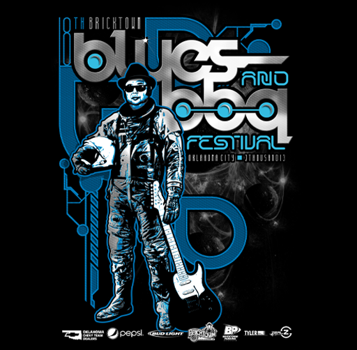 A promotional poster for a Bricktown Blues & BBQ Festival featuring a man holding a guitar, with the event name and logos at the bottom.