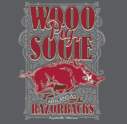 Apparel design promoting Wooo Pig Sooie, a university of Arkansas Razorbacks themed event in Fayetteville, Oklahoma, featuring a stylized pig illustration and decorative border.