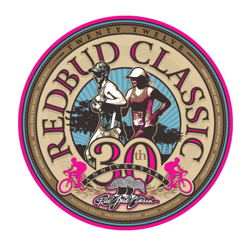 A circular logo for the RedBud Classic 20th Anniversary featuring a man and woman in athletic attire jogging, with bicycles, a pig, and a landscape background inside the circle.