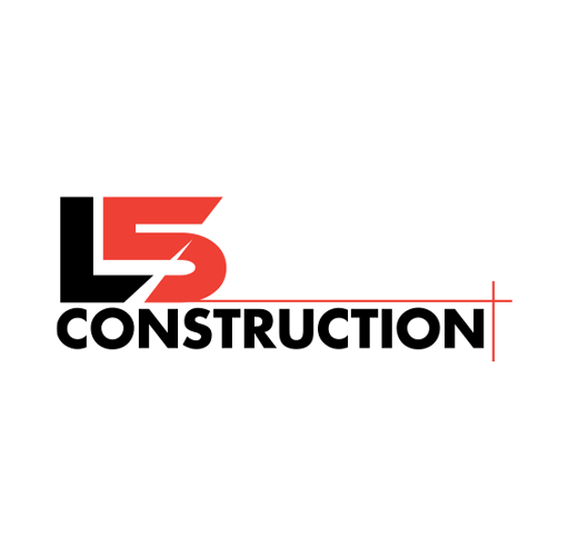 Logo for L5 Construction with black and red text and design elements.