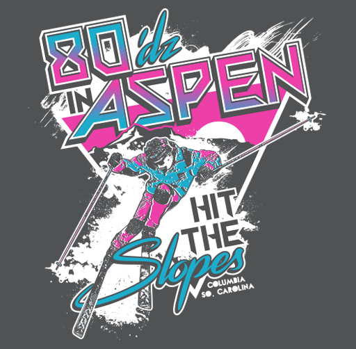 Apparel design for the 80th Aspen Music Festival, featuring a skier in mid-air with ski poles, abstract mountain graphics, and the words '80th Aspen Hit the Slopes, Columbia, SC, Carolina' in vibrant colors.