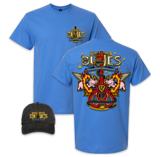 A blue t-shirt and a black cap both featuring the logo for the band Blues, with the back of the t-shirt displaying a colorful graphic of pigs with angel wings, a fire, and musical motifs for Brockton Blues and BBQ Festival.