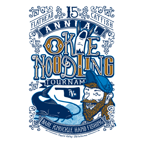 Event design for the 15th Annual Okie Noodling Festival in Pauls Valley, Oklahoma, featuring a man with a beard wearing a blue hat, a catfish, and decorative elements related to fishing.