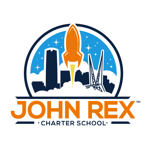 Logo for John Rex Charter School featuring a rocket launching over a city skyline with a bridge, stars in the background, and the school's name in bold orange letters.
