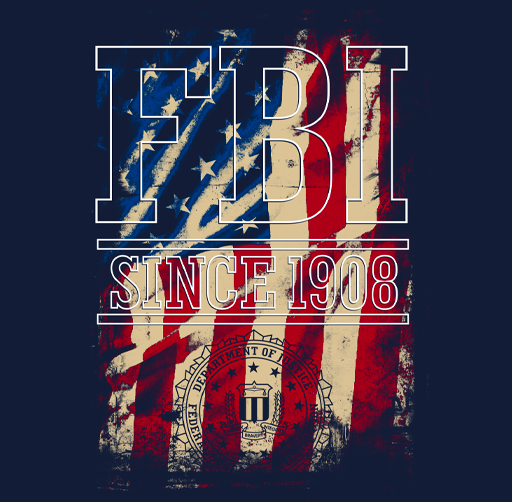 Apparel design featuring the letters 'FBI' with an American flag background and the text 'Since 1908' below.