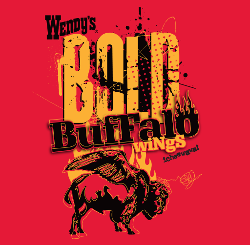 Apparel design for Wendy's Ragin' Buffalo Wings featuring a buffalo with wings and flames in the background.