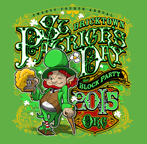 Colorful logo for the 24th annual Bricktown Block Party 2015, featuring a leprechaun holding a mug of beer, with decorative shamrocks and ornate lettering on a green background.