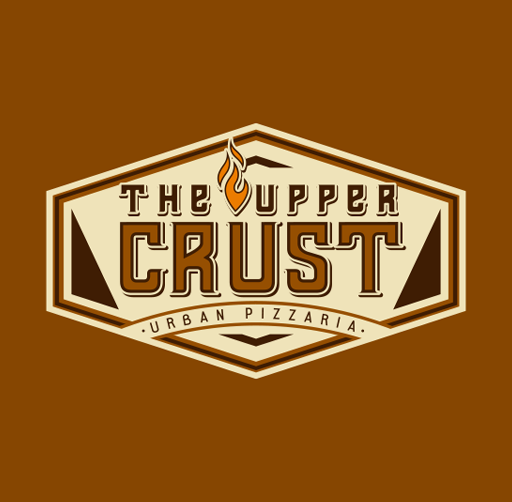 Logo for The Upper Crust Urban Pizzaria with brown background, featuring a flame icon.