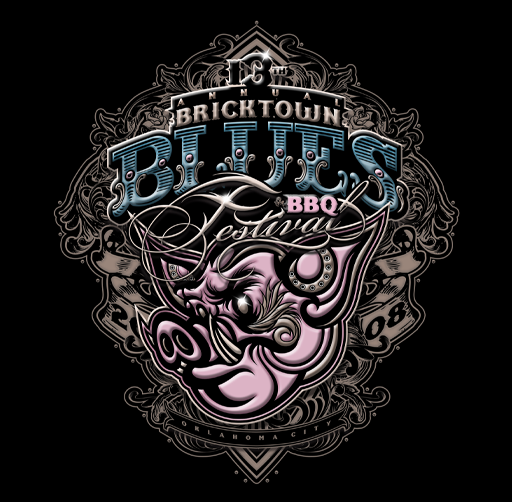 Design for the Bricktown Blues BBQ Festival featuring a stylized pig face with a snout, curly tail, and a mischievous expression, surrounded by decorative ornate elements and text.