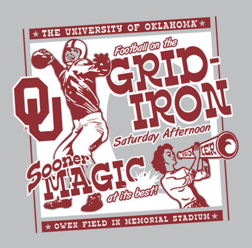 Apparel design for a football game at the University of Oklahoma, featuring a football player, a woman with a megaphone, and text about the game on Saturday afternoon at Owen Field in Memorial Stadium.
