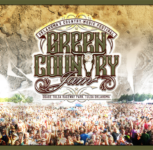 Poster for the Green Country Jamboree at Osage Tulsa Raceway Park in Tulsa, Oklahoma, featuring a large crowd at an outdoor music festival.