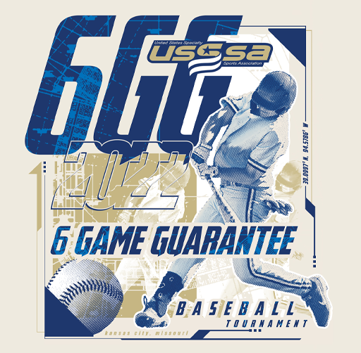 Apparel design for the USSSA Baseball Tournament with a young baseball player swinging a bat, text indicating six-game guarantee, and abstract graphics and logos.