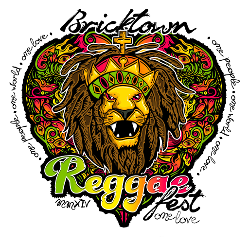 A vibrant, colorful design featuring a lion with a fiery mane wearing a crown, set against a heart-shaped, floral background with reggae-themed text and phrases. Bricktown Reggae Fest.