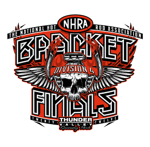 Apparel design for the National Hot Rod Association's Bracket Finals at Thunder Valley Raceway Park featuring a skull with wings and flames.