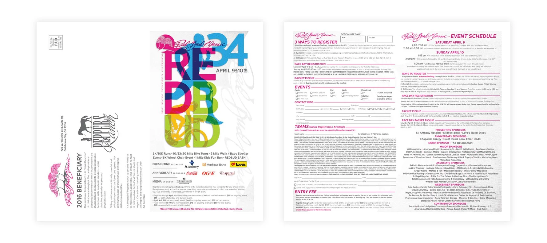 RedBud Classie event schedule and registration details for the Red Bud Classic race event scheduled for April 9th and 10th, 2016, including race categories, times, contact info, sponsors, and registration instructions.