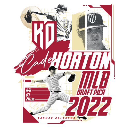 Apparel design Cade Horton being drafted by the MLB in 2022. Features images of Cade Horton pitching, a close-up of his face in a baseball cap, and text details including his name, draft pick, stats (R/R 61, 211 lbs), and college (Norman, Oklahoma).