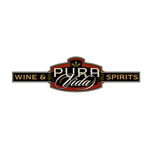 Logo for Pura Vida Wine and Spirits featuring black, red, and gold colors with a crown icon.