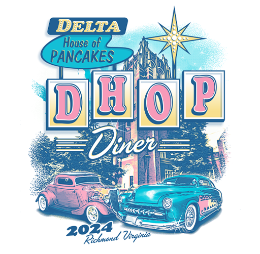 Colorful apparel design for Delta House of Pancakes Hop Diner in Richmond, Virginia, 2024. Features vintage cars, a cityscape, and a star.
